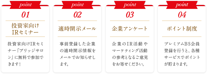 投資家向けIRセミナー 投資家向けIRセミナー「ブリッジサロン」に無料で参加できます! 適時開示メール 事前登録した企業の適時開示情報をメールでお知らせします 企業アンケート 企業のIR活動やマーケティング活動の参考となるご意見をお寄せください ポイント制度 プレミアムBS会員登録を行うと、各種サービスでポイントが貯まります