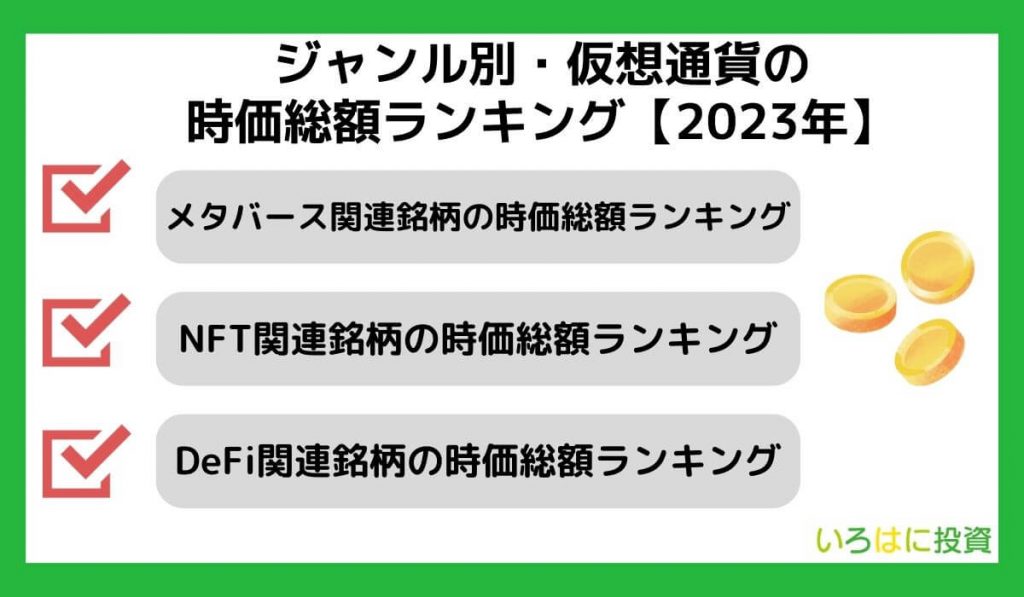 ジャンル別・仮想通貨の時価総額ランキング【2023年】