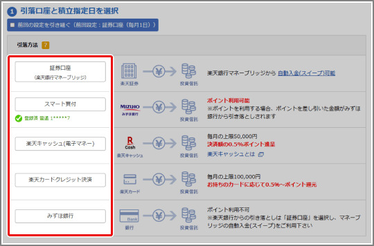 引落方法で「楽天キャッシュ」を選択する