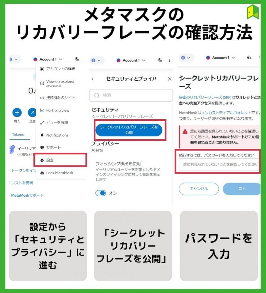 メタマスクのリカバリーフレーズの確認方法