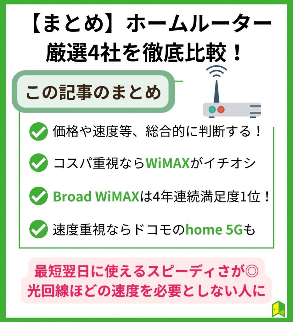 【まとめ】おすすめのホームルーター厳選4社を徹底比較！