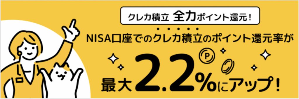 クレカ積立全力ポイント還元!NISA口座でのクレカ積立のポイント還元率が最大2.2%にアップ