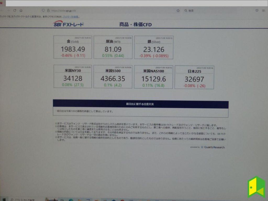 SBI FXトレードのCFD取引画面
