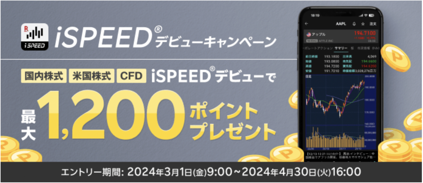 iSPEEDデビューキャンペーン日本株式・米国株式・CFD・iSPEEDデビューで最大1,200ポイントプレゼント