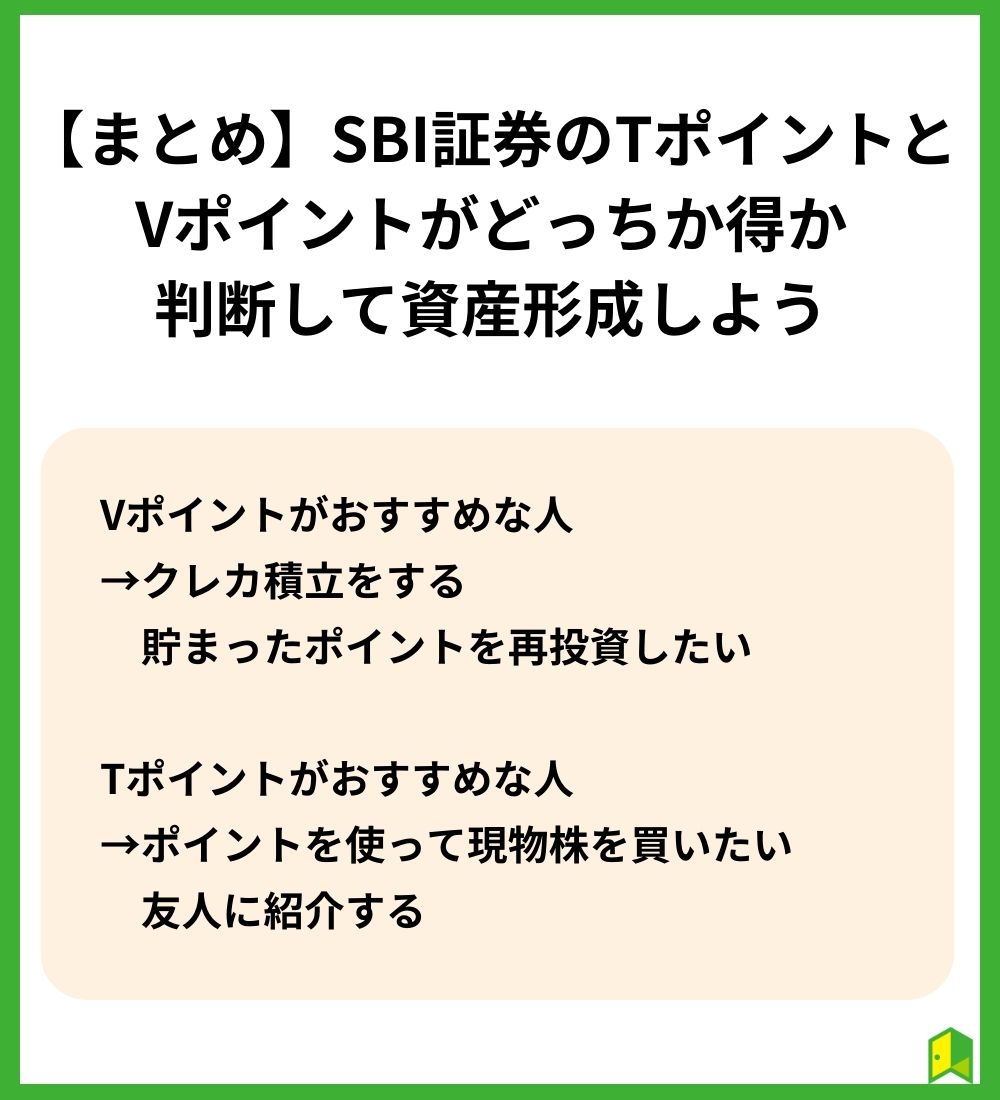 【まとめ】SBI証券のTポイントとVポイントがどっちか得か判断して資産形成しよう