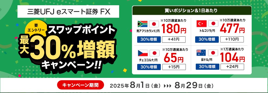 【三菱UFJ eスマート証券 FX】スワップポイント最大30%増額キャンペーン（要エントリー）